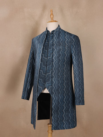Navy Blue Sequins Embroidery Sherwani Suit - Diadem
