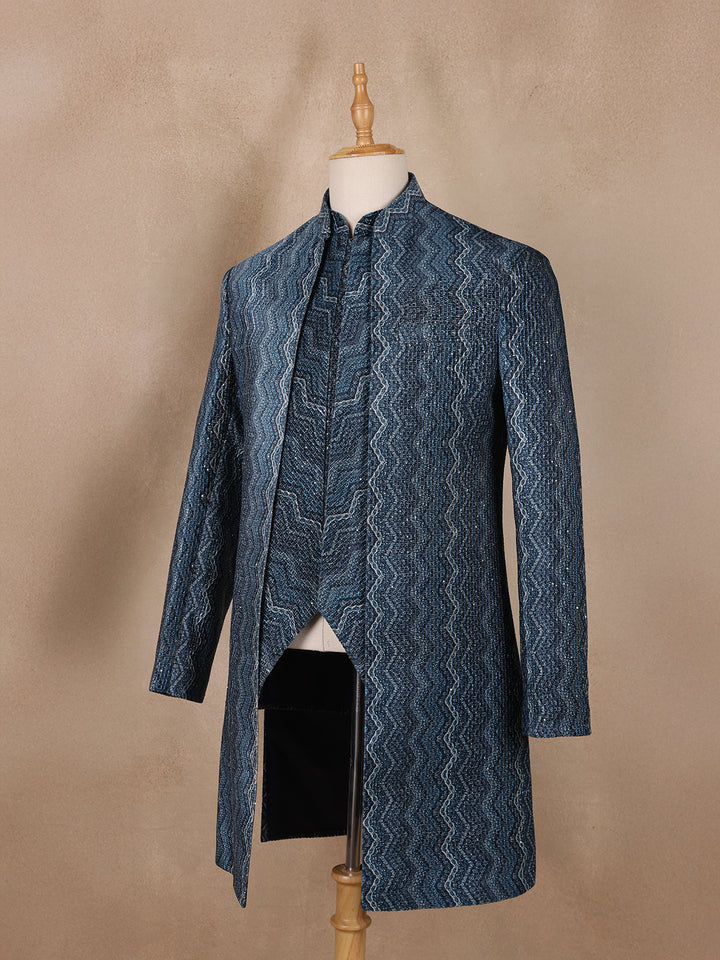 Navy Blue Sequins Embroidery Sherwani Suit - Diadem