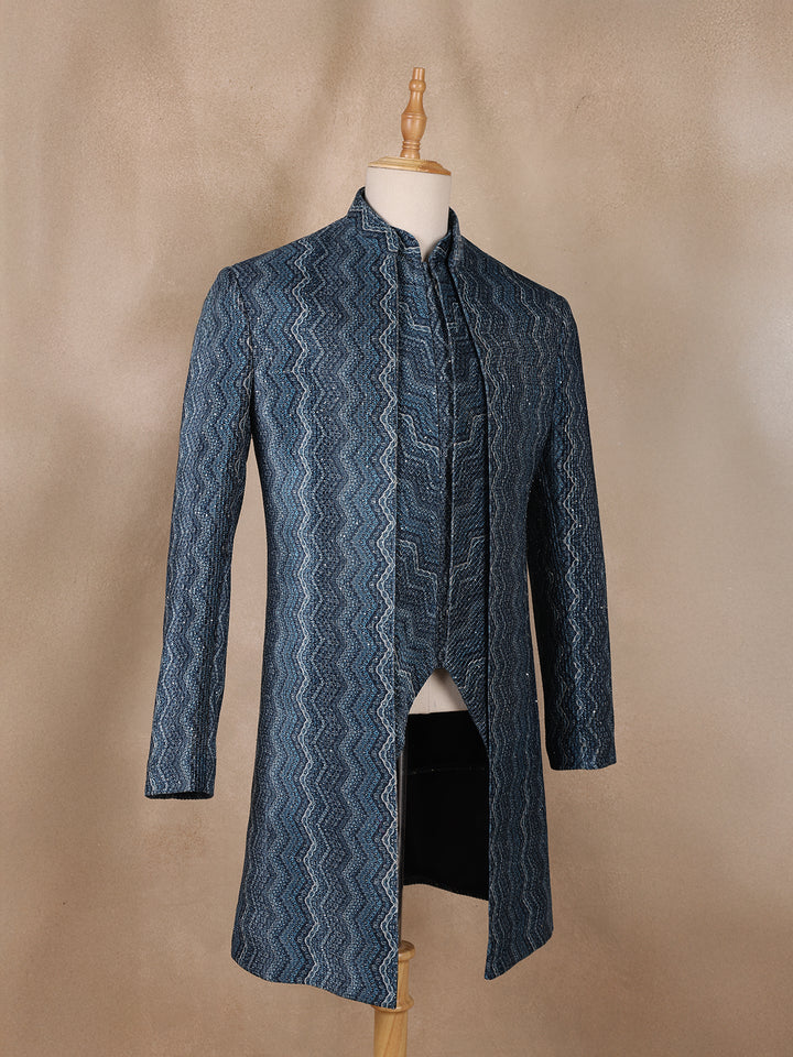Navy Blue Sequins Embroidery Sherwani Suit - Diadem