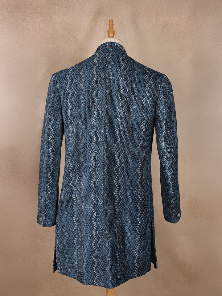 Navy Blue Sequins Embroidery Sherwani Suit - Diadem