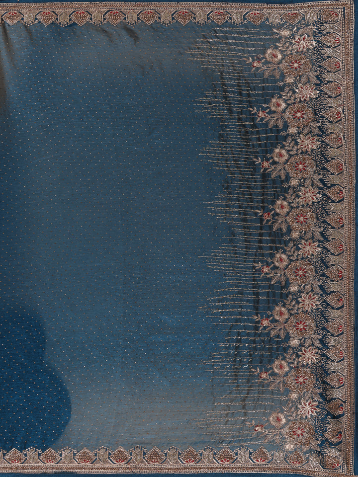 Navy Blue Stone Embellishment Chiffon Saree - Diadem