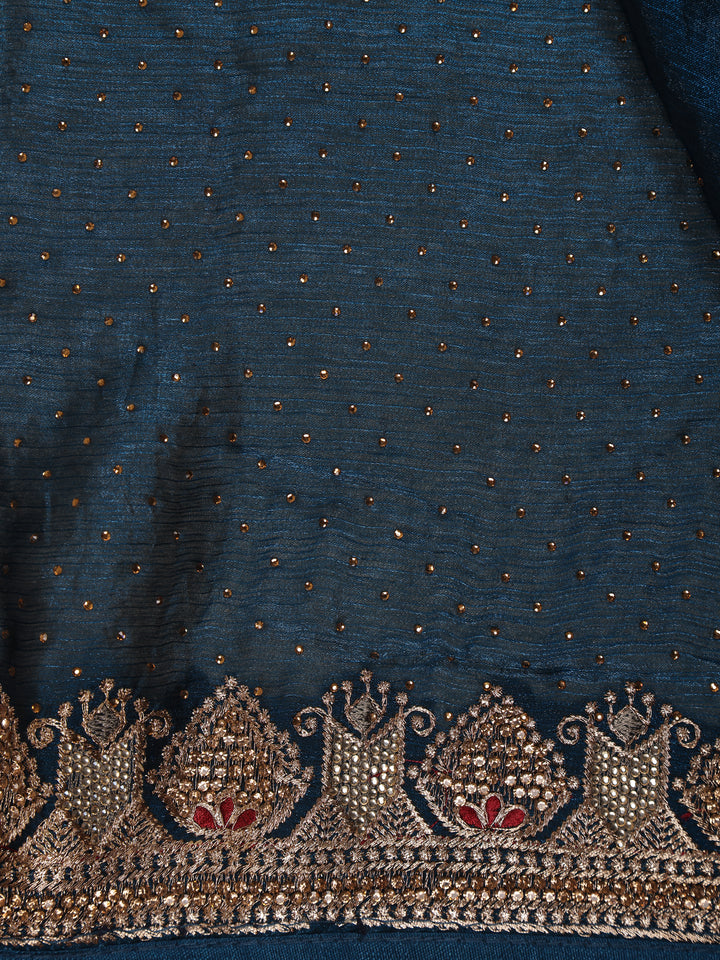 Navy Blue Stone Embellishment Chiffon Saree - Diadem