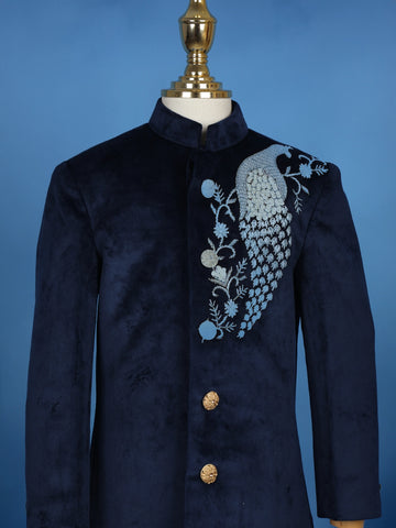 Navy Blue Velvet Peacock Motif Embroidery Sherwani And Pant Set - Diadem