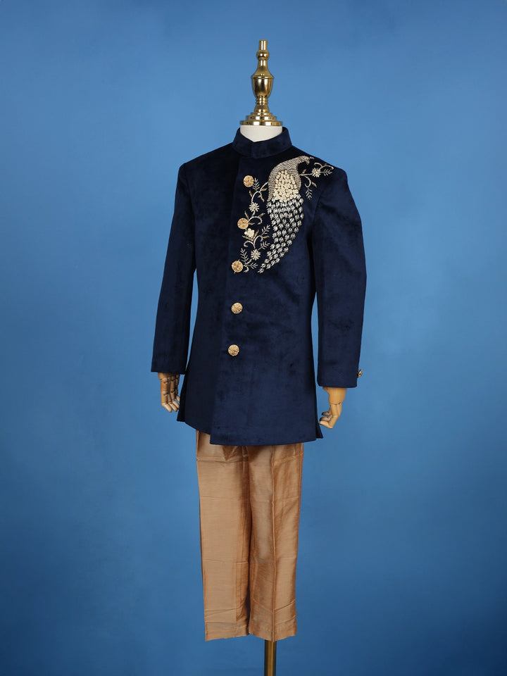 Navy Blue Velvet Peacock Motif Embroidery Sherwani And Pant Set - Diadem