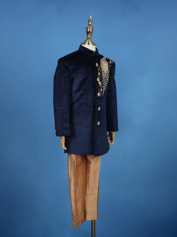 Navy Blue Velvet Peacock Motif Embroidery Sherwani And Pant Set - Diadem