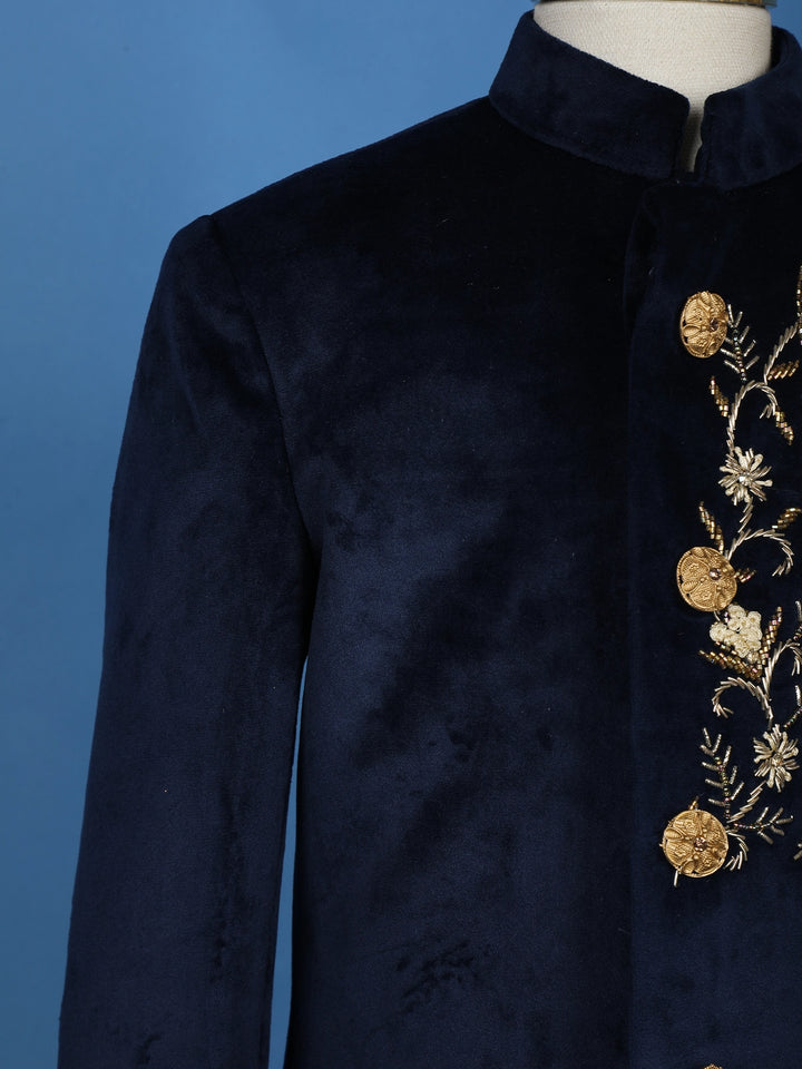 Navy Blue Velvet Peacock Motif Embroidery Sherwani And Pant Set - Diadem