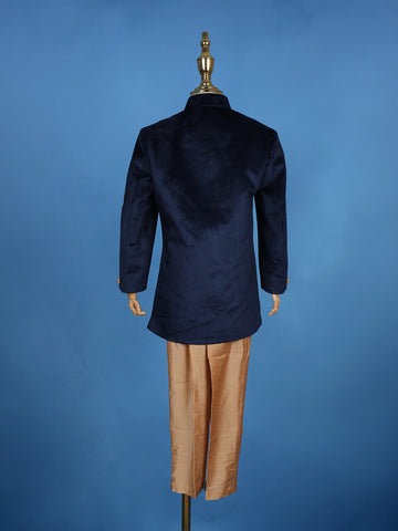 Navy Blue Velvet Peacock Motif Embroidery Sherwani And Pant Set - Diadem