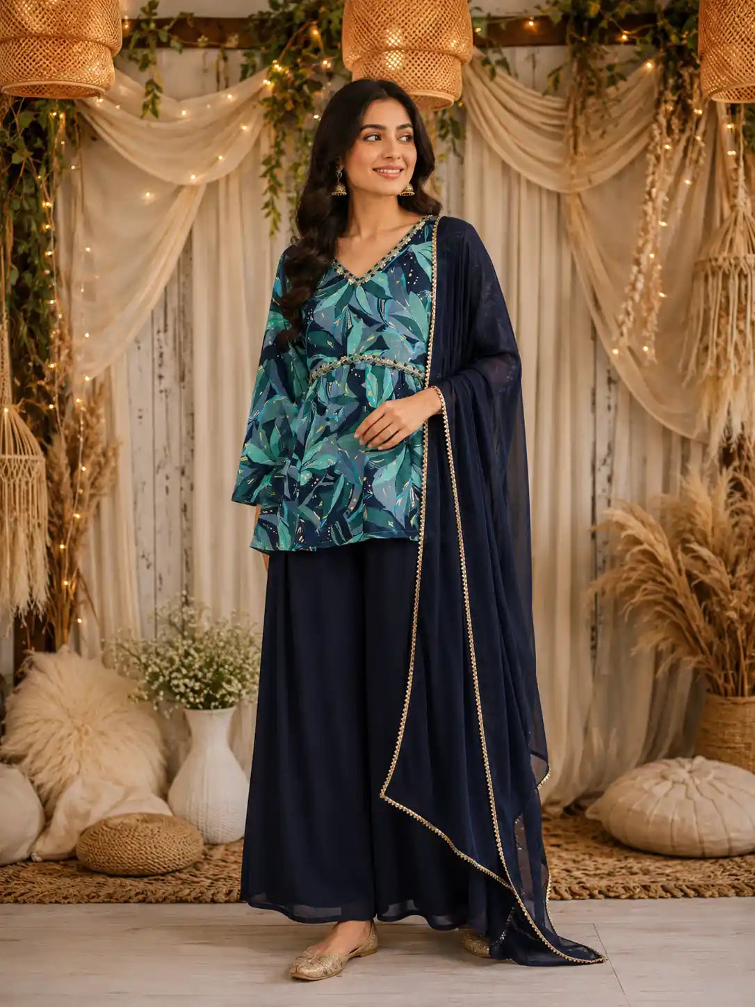 Navy Blue and Teal Abstract Printed Design Peplum Top Palazzo Suit with Dupatta