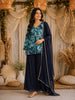 Navy Blue and Teal Abstract Printed Design Peplum Top Palazzo Suit with Dupatta