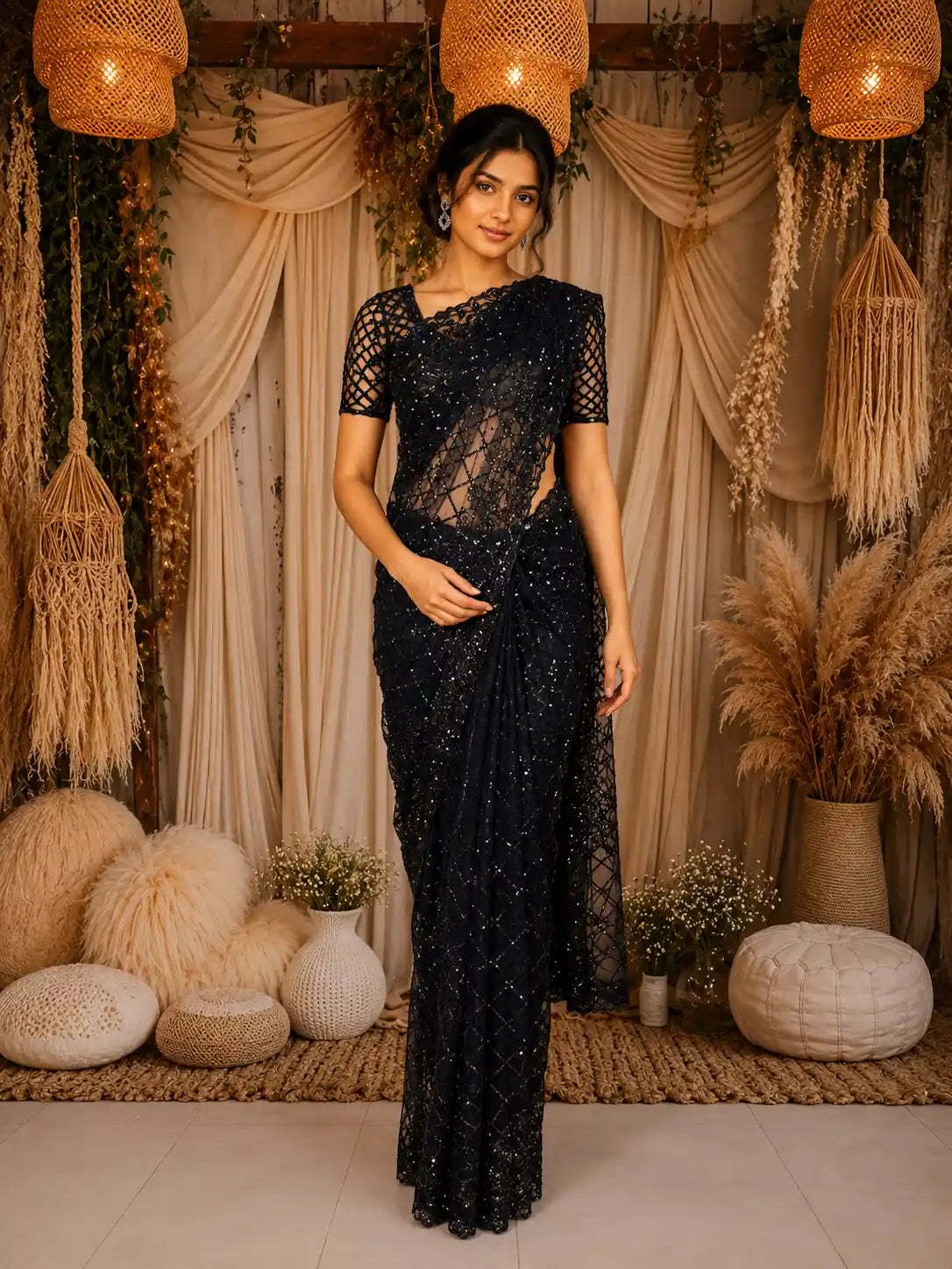 Navy Floral Sequins  and Thread Embroidered Design Net Designer Saree