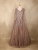 Nude Brown Sequin Embroidered Net Gown with Feather Shoulder Detailing and Dupatta