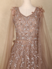 Nude Brown Sequin Embroidered Net Gown with Feather Shoulder Detailing and Dupatta