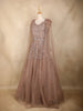 Nude Brown Sequin Embroidered Net Gown with Feather Shoulder Detailing and Dupatta
