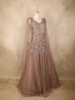 Nude Brown Sequin Embroidered Net Gown with Feather Shoulder Detailing and Dupatta