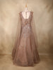 Nude Brown Sequin Embroidered Net Gown with Feather Shoulder Detailing and Dupatta
