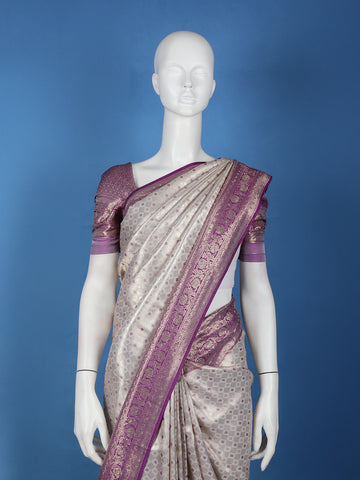 Off-White Diamond Brocade Design Banarasi Silk Saree - Diadem
