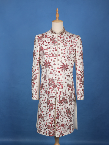 Off-White Floral Embroidered Viscose Sherwani Suit - Diadem