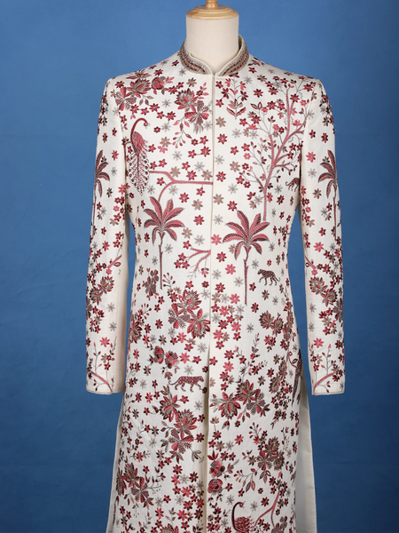 Off-White Floral Embroidered Viscose Sherwani Suit - Diadem