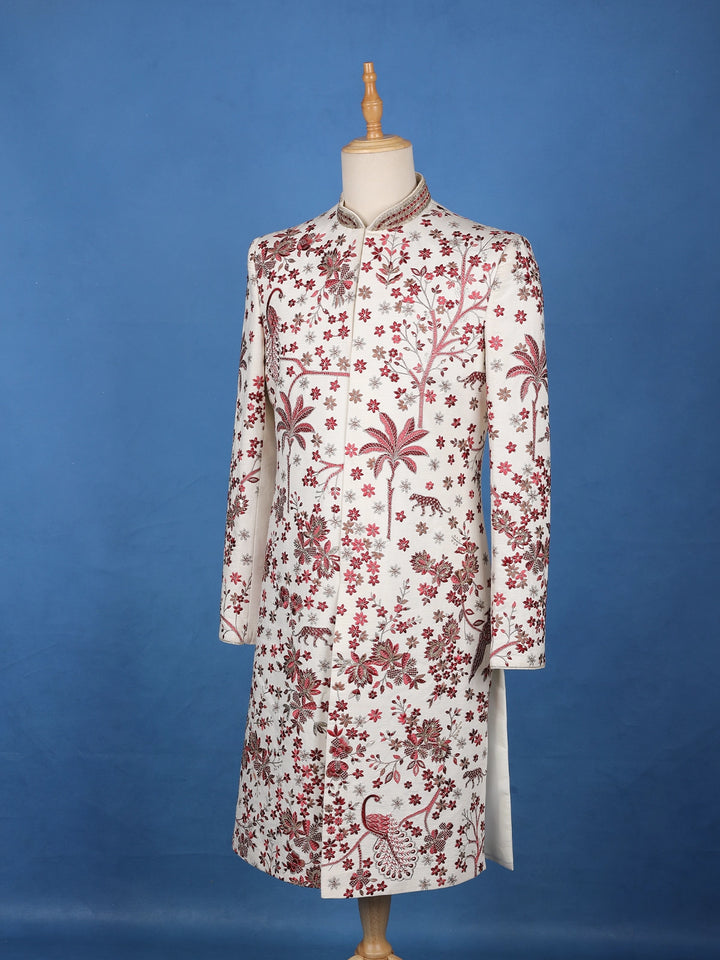 Off-White Floral Embroidered Viscose Sherwani Suit - Diadem