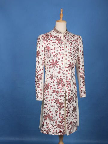 Off-White Floral Embroidered Viscose Sherwani Suit - Diadem