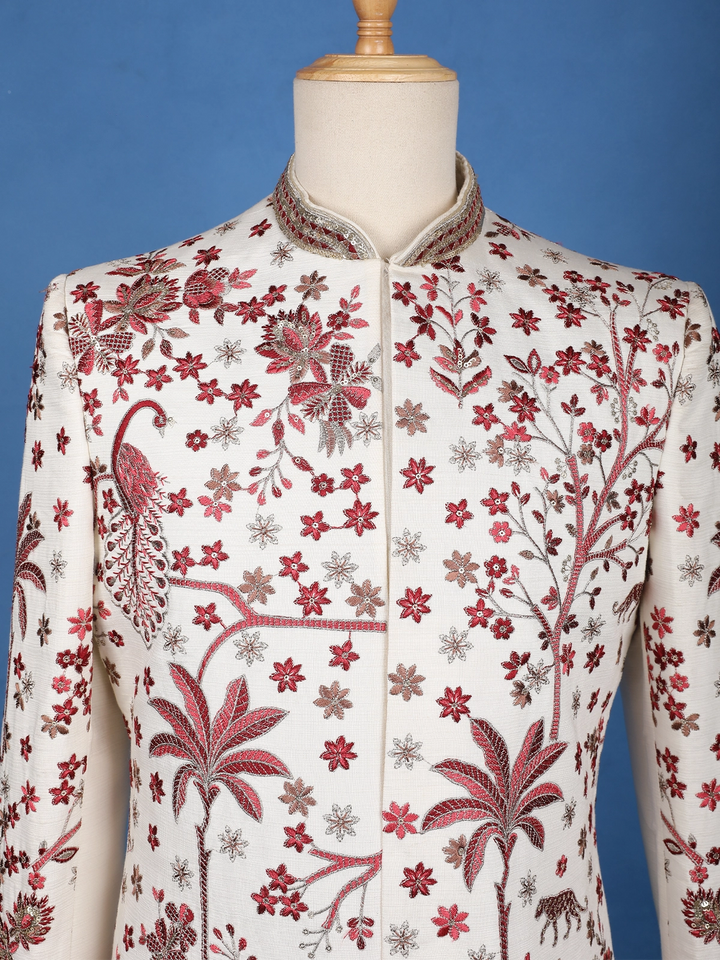Off-White Floral Embroidered Viscose Sherwani Suit - Diadem