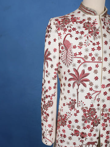 Off-White Floral Embroidered Viscose Sherwani Suit - Diadem