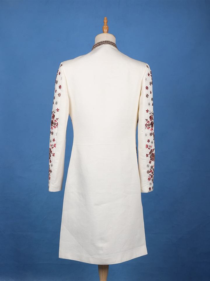 Off-White Floral Embroidered Viscose Sherwani Suit - Diadem