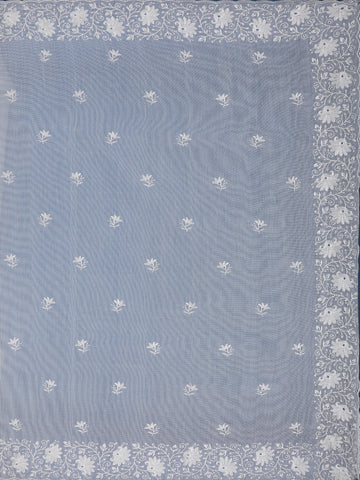 Off-White Floral Embroidered Tissue Saree with Scalloped Border - Diadem