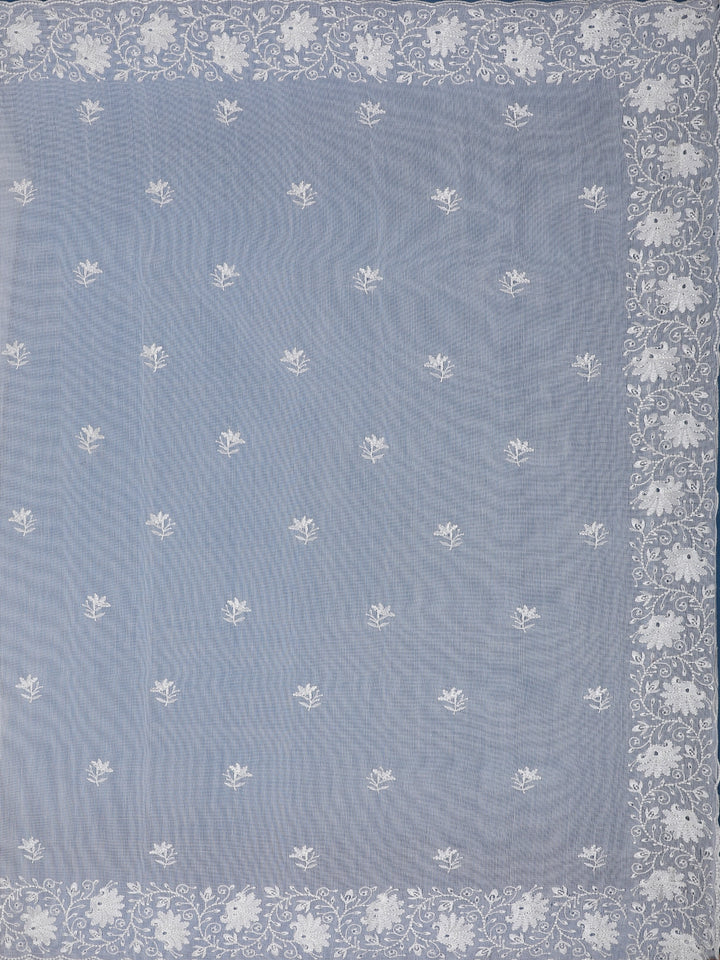 Off-White Floral Embroidered Tissue Saree with Scalloped Border - Diadem