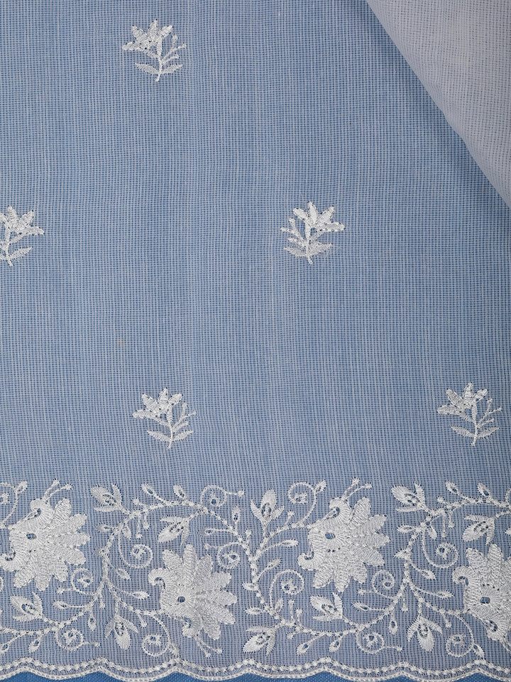 Off-White Floral Embroidered Tissue Saree with Scalloped Border - Diadem