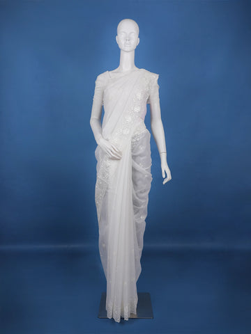 Off-White Floral Embroidered Tissue Saree with Scalloped Border - Diadem