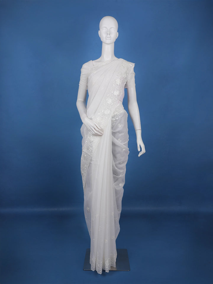 Off-White Floral Embroidered Tissue Saree with Scalloped Border - Diadem