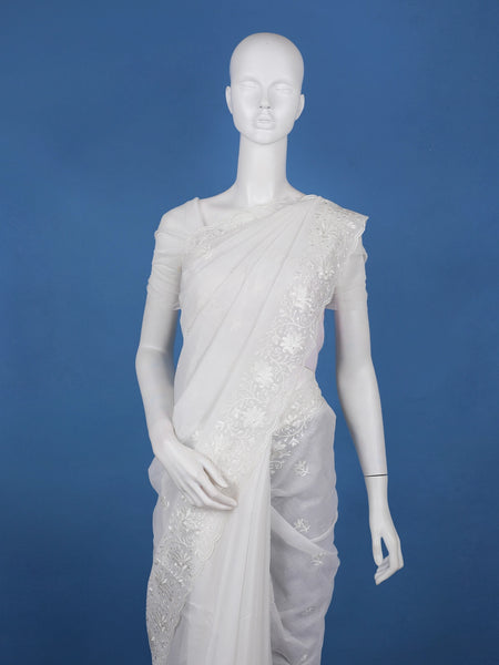 Off-White Floral Embroidered Tissue Saree with Scalloped Border - Diadem