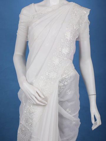 Off-White Floral Embroidered Tissue Saree with Scalloped Border - Diadem