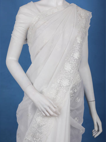 Off-White Floral Embroidered Tissue Saree with Scalloped Border - Diadem