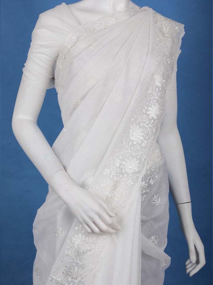 Off-White Floral Embroidered Tissue Saree with Scalloped Border - Diadem