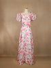Off-White Floral Printed Satin Gown With Puff Sleeves