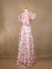 Off-White Floral Printed Satin Gown With Puff Sleeves