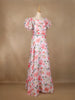 Off-White Floral Printed Satin Gown With Puff Sleeves