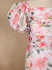 Off-White Floral Printed Satin Gown With Puff Sleeves