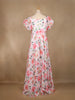 Off-White Floral Printed Satin Gown With Puff Sleeves