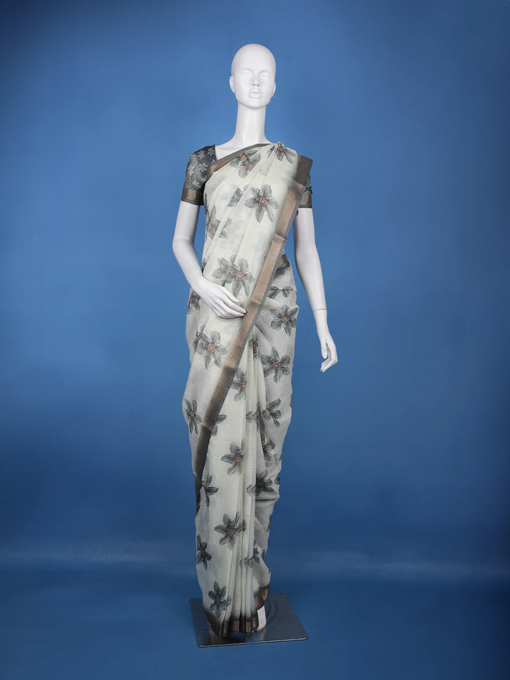 Gray Floral Printed Semi Tussar Silk Saree - Diadem