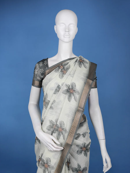 Gray Floral Printed Semi Tussar Silk Saree - Diadem