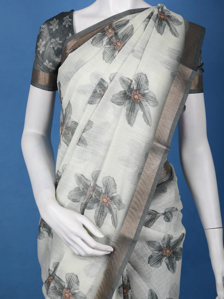 Gray Floral Printed Semi Tussar Silk Saree - Diadem