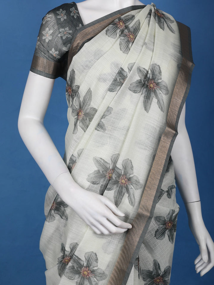 Gray Floral Printed Semi Tussar Silk Saree - Diadem