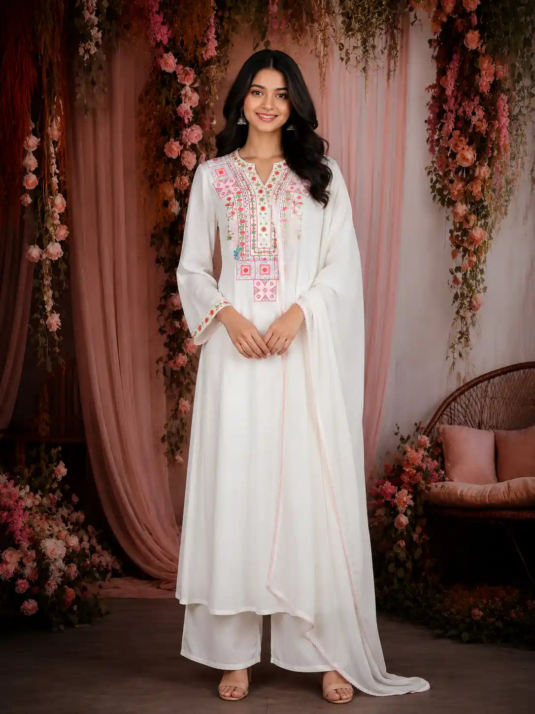 Off-White Multicolor Embroidered Cotton Salwar Suit with Dupatta