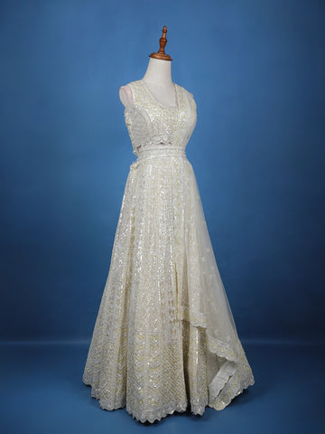 Off-White Net Lehenga Embellished with Floral Sequins and Beads with Dupatta - Diadem