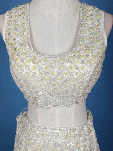 Off-White Net Lehenga Embellished with Floral Sequins and Beads with Dupatta - Diadem