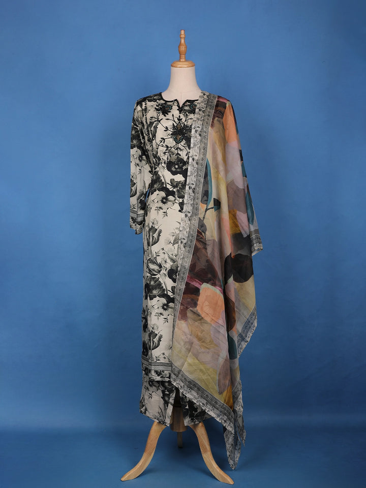 Off-White With Black Floral Print & Multicolor Dupatta Cotton Salwar Suit - Diadem