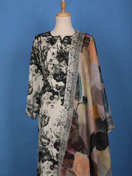 Off-White With Black Floral Print & Multicolor Dupatta Cotton Salwar Suit - Diadem